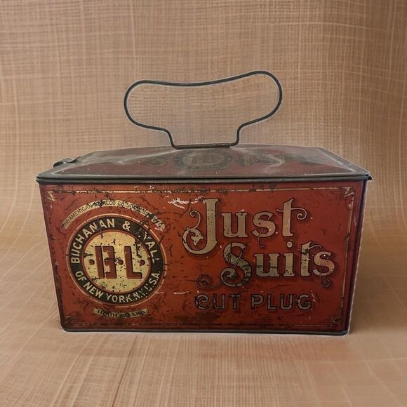 Vintage Advertising Tin Just Suits Cut Plug Tobacco Lunch Box with Latch - Picture 1 of 7